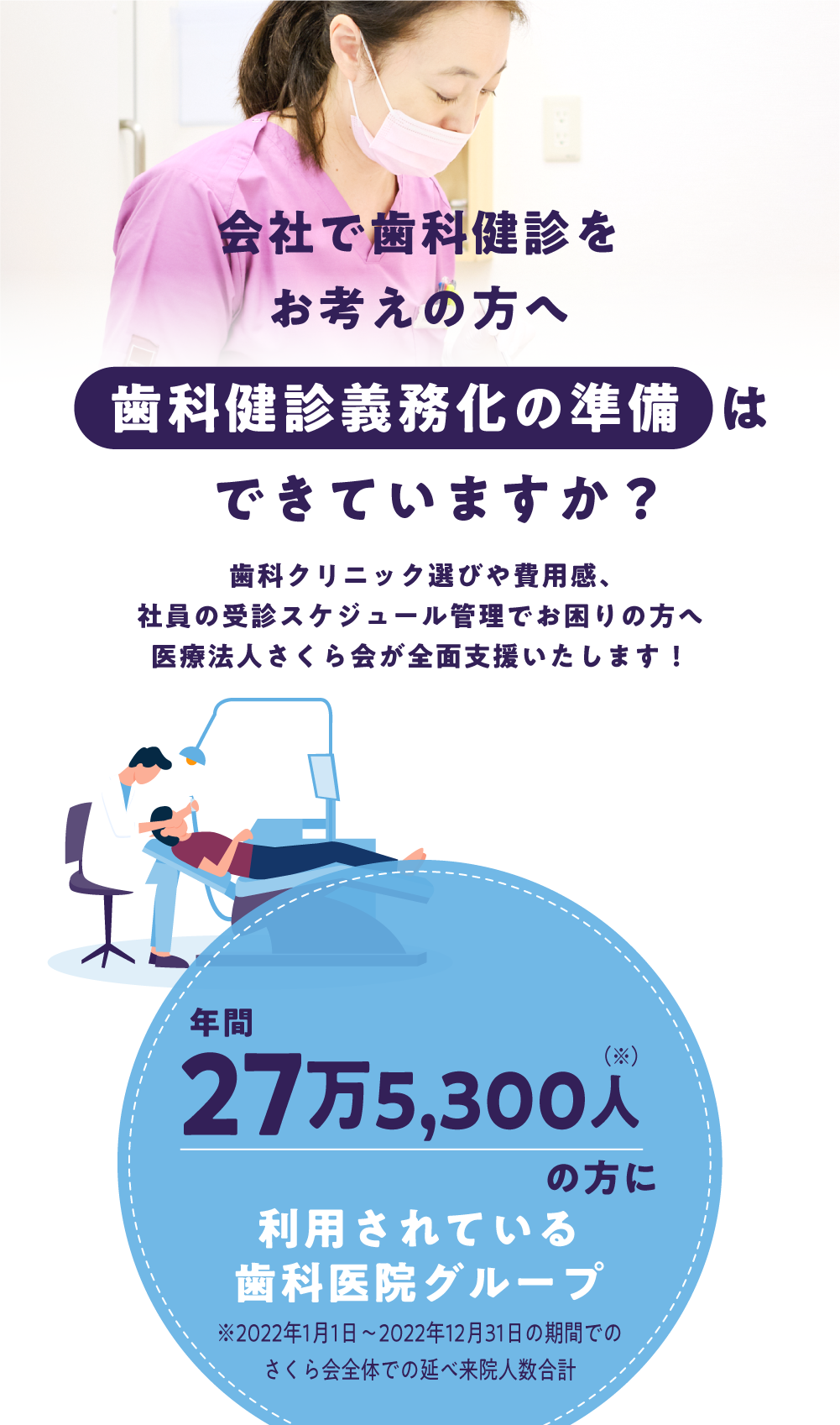 会社で歯科健診をお考えの担当者様へ　歯科健診義務化の準備はできていますか？　歯科クリニック選びや費用感、社員の受診スケジュール管理でお困りの担当者様へ　医療法人さくら会が全面支援いたします！