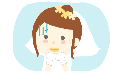 白いドレスに黄色の歯が目立つ